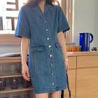Short-sleeve Mini A-line Denim Shirt Dress