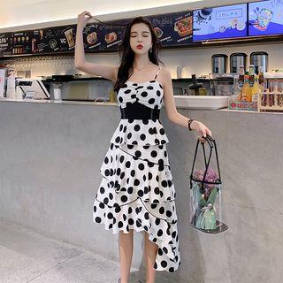 Spaghetti Strap Asymmetric Polka Dot Tiered Dress