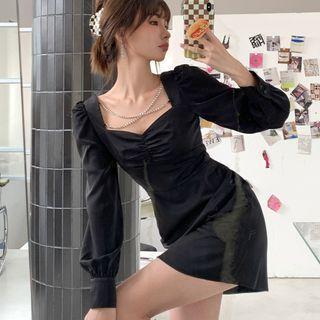 Long-sleeve Square-neck Faux Pearl Mini Sheath Dress