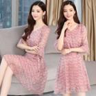 V-neck Tie Waist Elbow-sleeve A-line Dress