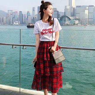 Set: Letter Embroidered Short Sleeve T-shirt + Plaid Midi Skirt