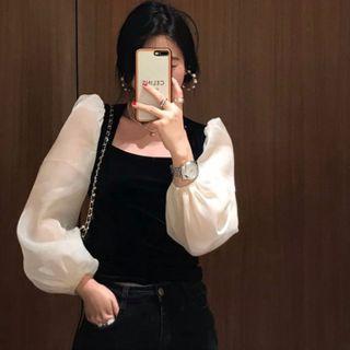 Mesh Panel Velvet Puff-sleeve Blouse