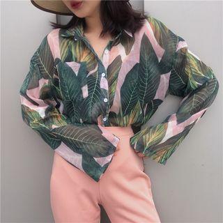 Set: Print Long-sleeve Blouse + Chiffon Wide Leg Pants