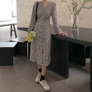 Long-sleeve Floral Print Button-up Midi A-line Dress