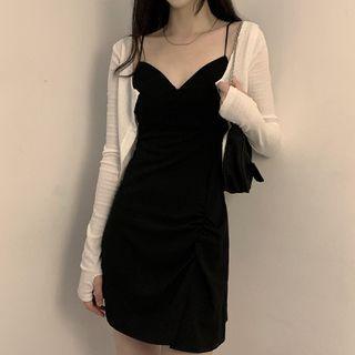 Set: Spaghetti Strap Deep V-neck Plain Mini Dress + Cropped Cardigan