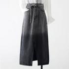 Front-slit Denim Midi A-line Skirt / Lace Trim Shirt