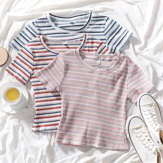 Short-sleeve Striped Cropped Ribbed Knit Top