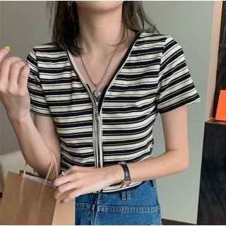 Short-sleeve Striped Zip-up Top