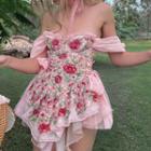 Off Shoulder Floral Print Tie-waist Mini Mesh Dress