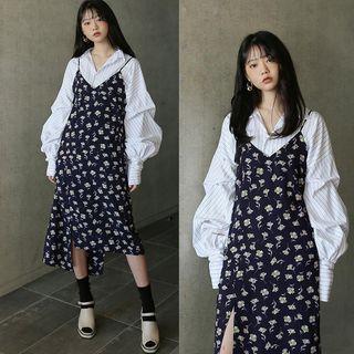 Spaghetti Strap Floral Midi Pinafore Dress Pinafore Dress - Navy Blue - One Size