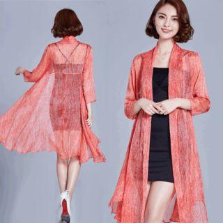 3/4-sleeve Open Front Long Top