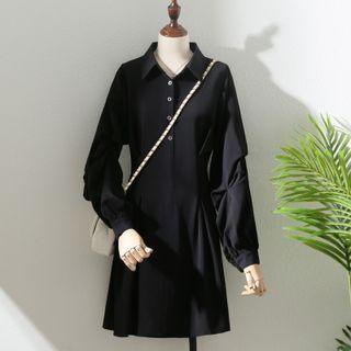 Lantern-sleeve Lapel Plain Dress