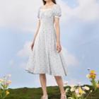 Lapel Floral Puff-sleeve Dress
