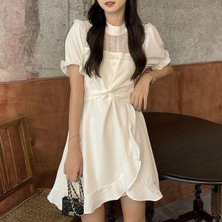 Lace Panel Ruffle Trim Mini A-line Dress
