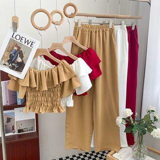 Set : Plain Pleated Top + High-waist Pants