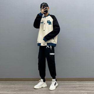 Lettering Baseball Jacket / Cargo Jogger Pants / Long-sleeve T-shirt