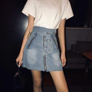 Zip Detail Denim A-line Skirt