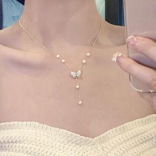 Butterfly Rhinestone Faux Pearl Pendant Alloy Necklace 1 Pc - Gold - One Size