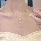 Butterfly Rhinestone Faux Pearl Pendant Alloy Necklace 1 Pc - Gold - One Size