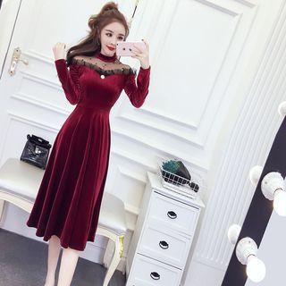 Long-sleeve Mock Neck Mesh Panel Midi A-line Velvet Dress