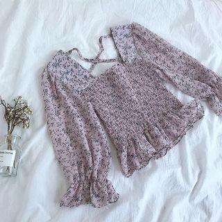 Floral Print Long-sleeve Square Neck Chiffon Top