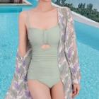 Set: Shirred Cutout Swimsuit + Leaf Print Cover-up
