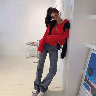 Slit-back Button-trim Straight-cut Jeans