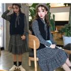 Knit Vest / Long-sleeve Floral A-line Midi Dress