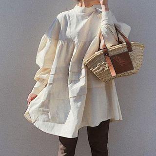 Long-sleeve Plain Blouse Almond - One Size