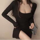 Long-sleeve Scoop-neck Mini Bodycon Dress Black - One Size