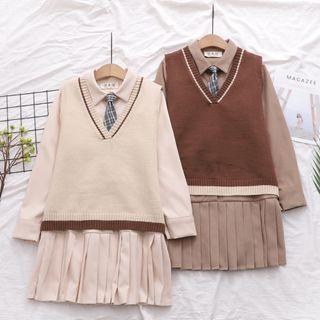 Set: Contrast Trim Sweater + Long-sleeve Henley Mini Shirtdress + Plaid Tie