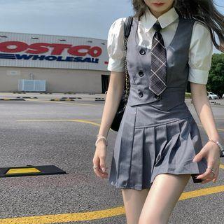 Puff-sleeve Shirt / Plaid Neck Tie / Pleated A-line Skirt / Vest / Set