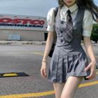 Puff-sleeve Shirt / Plaid Neck Tie / Pleated A-line Skirt / Vest / Set