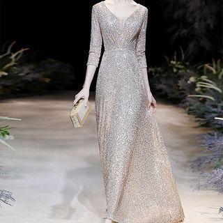 3/4-sleeve Sequined A-line Evening Gown (various Designs)