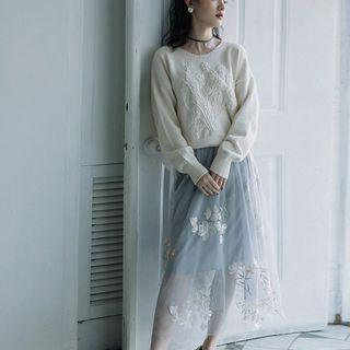Set: Embroidered Sweater + Midi A-line Skirt