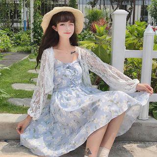 Floral Spaghetti Strap Dress / Lace / Chiffon Light Jacket