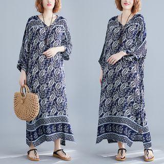 Patterned 3/4-sleeve Midi Dress As Shown In Figure - One Size