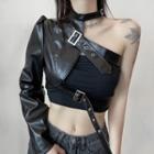 One-shoulder Faux Leather Buckled Cropped Jacket