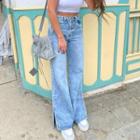 High-waist Washed Straight-fit Slit Jeans