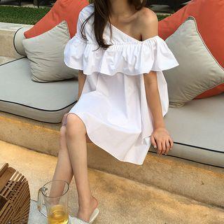 Ruffle Trim Off Shoulder Short Sleeve Dress White - One Size