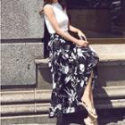 Set: Sleeveless Top + Flower Print A-line Midi Skirt