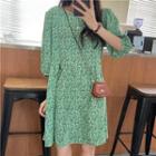 Elbow-sleeve Floral A-line Dress Green - One Size