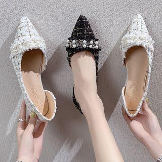 Pointy Tweed Faux Pearl Dorsay Flats