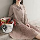 Houndstooth Tie-neck Accordion Pleat Chiffon Dress