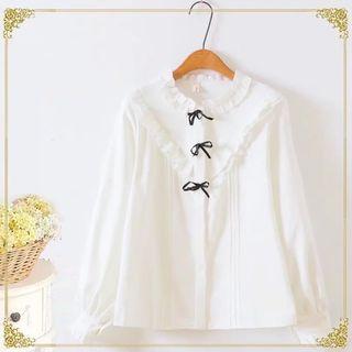 Long-sleeve Bow-accent Lace-trim Shirt