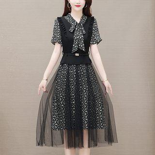 Mock Two-piece Short-sleeve Tie-neck Floral Midi A-line Dress