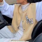 Raglan Sleeve Lettering Button-up Baseball Jacket