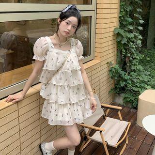 Short-sleeve Floral Print Layered A-line Dress