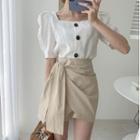 Square Neck Puff Short Sleeve Shirt/plain High Waist Skirt