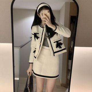 Bow-accent Button Jacket / Mini A-line Skirt